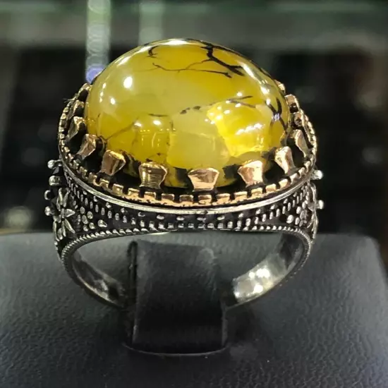 Men Silver Ring 925 Sterling Yemen Aqeeq Agate خاتم عقيق يمني شجري مصور حبة فحل