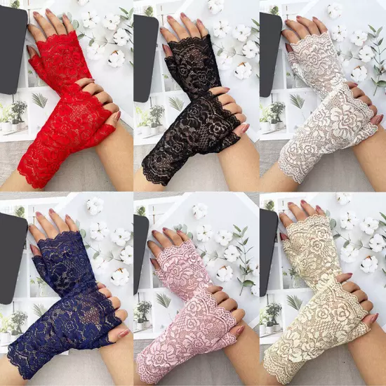 Women Short Lace Sheer Gloves Gothic Fancy Dress Party Ladies Fingerless Mittens