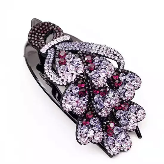 Ladies Rhinestone Double Flower Hair Clip Barrettes Crystal Comb Large Catch 1x-