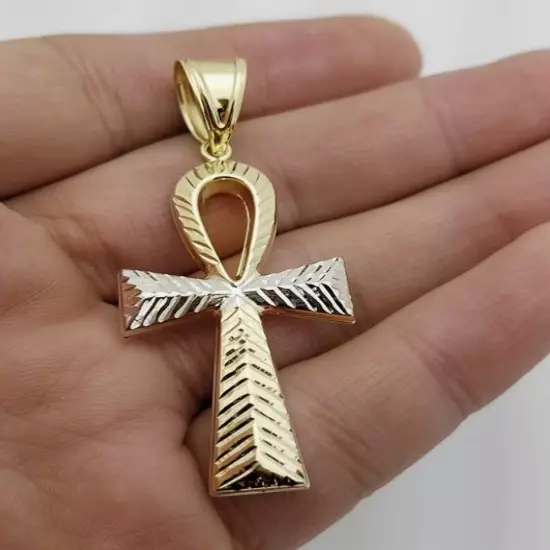 Mens Ankh Cross Pendant 10k Yellow Gold Diamond Cut Egyptian Ankh Cross 2.25 in