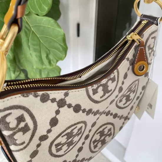 Tory Burch Ivory T Monogram Small Crescent Bag Shoulder Purse Crossbody $598