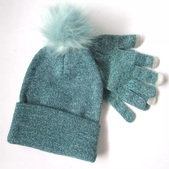 Pugs Knit Hat Glove Set Cuffed Beanie Pom TEAL One Size NWT