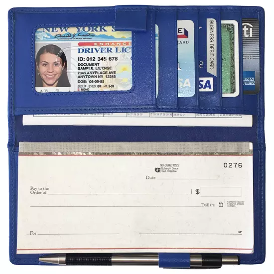 RFID Leather Checkbook Cover With Credit Card Slots and Pen Holder