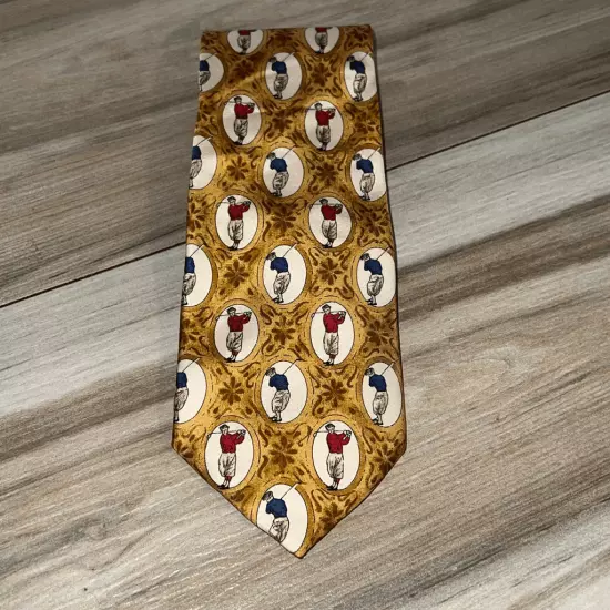 Lands End neck tie men’s OSFM gold tie gold red blue golfers silk Made in USA