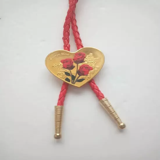 Heart Shape Bolo Tie W/Red Roses 18" 4mm Red Braided Cord W/1.25 " Gold Tips