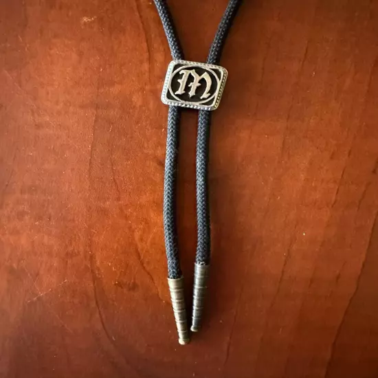 Vintage Men Bolo Tie Square Black Enamel & Silver Tone Initial Letter M