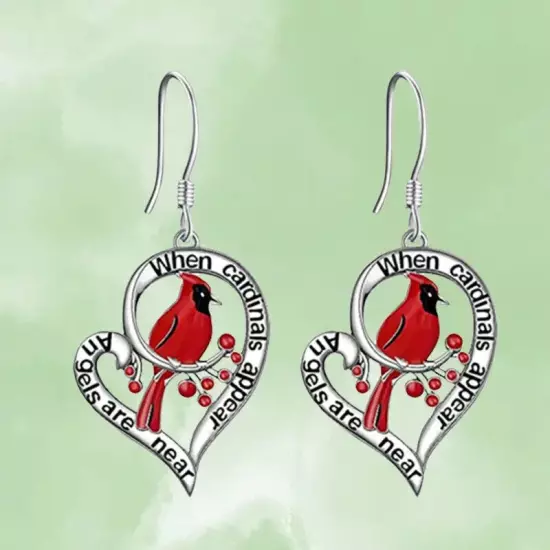 Red Bird Heart Shaped Cardinal Hollow Pendant Earrings Gift Fashion Women Girls