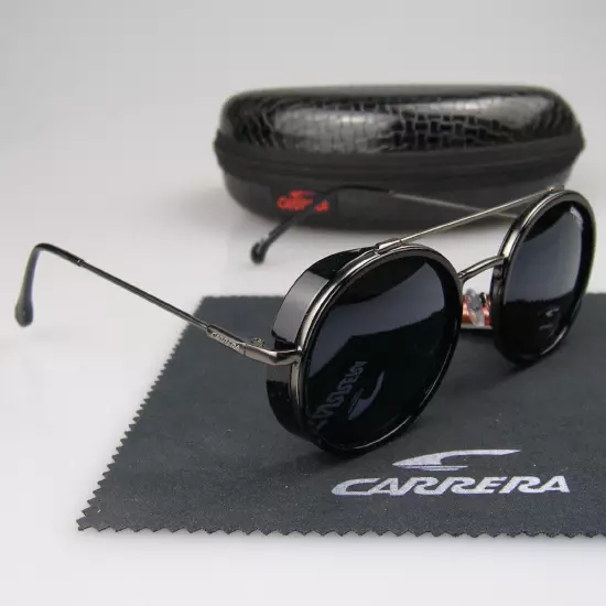 Men Women Retro Sunglasses Matte Black Metal Round Frame Carrera Glasses+Box C39