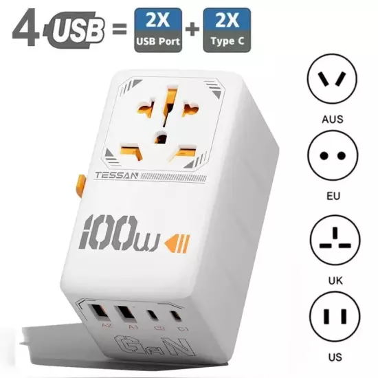 100W GaN Universal Travel Adapter with USB &Type C Fast Charging Adapter