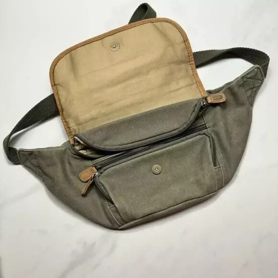 Vintage L.L.Bean Green Canvas Fanny Pack / Belt Bag Leather Trim Crossbody