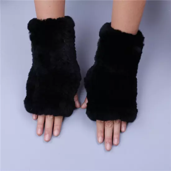 Real Rex Rabbit Fur Women's Gloves Mittens Girl Fingerless Wrist Warmer Elastic