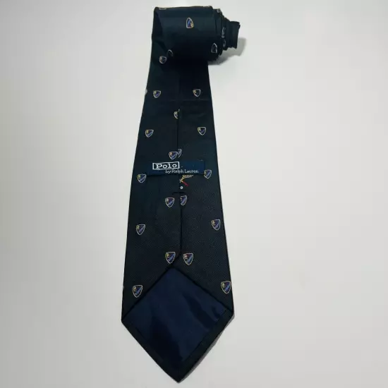 Polo Ralph Lauren Black Repp Silk Tie w Racquet And Crest 57.5x3.5” 