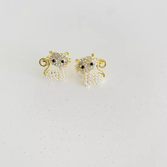 Cat Stud Rhinestone and Pearl Earrings Gold Tone, Mid Century Modern Style