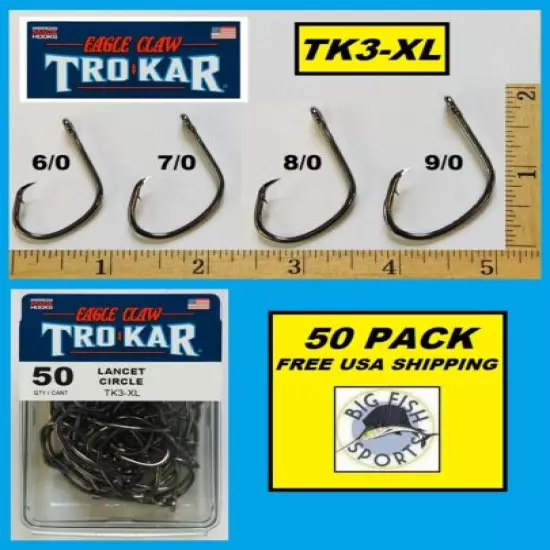 50 Eagle Claw TK3-XL-8/0 TK3 Trokar Lancet Circle Offset Size 8/0 FREE USA SHIP!