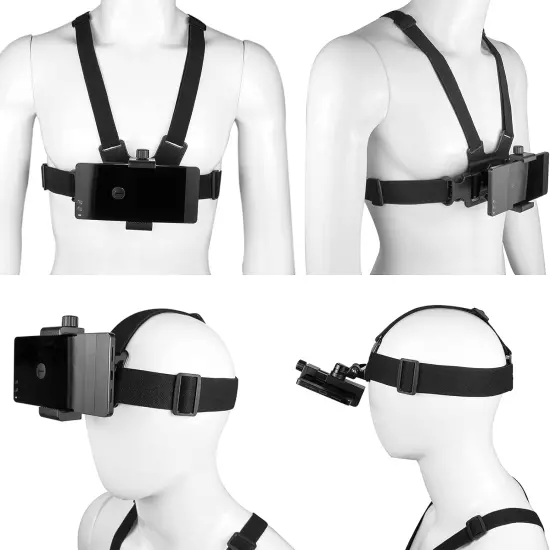 Phone Chest Mount Harness Vest and Head Strap Clip Holder for POV/VLOG, Compatib