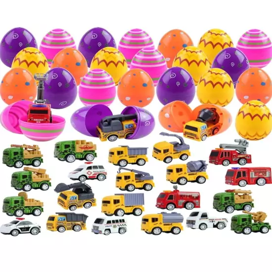 24 Pcs Filled Easter Eggs with Pull Back Construction Cars, Easter Eggs with...