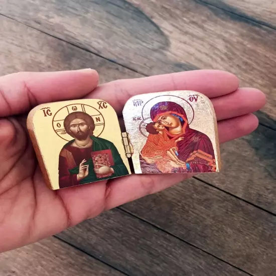 Virgin Mary and Jesus Christ bedside table miniature small wooden diptych icon