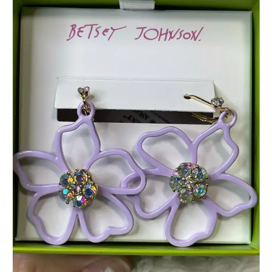 Betsey Johnson Gold Tone Pastel Purple Open Frame Flower Show Drop Earrings NEW