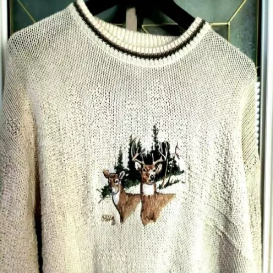 FREE SHIPPING! FISH or DEER APPLIQUE COZY IVORY SWEATERS! XL & XLT 