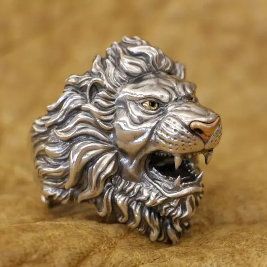 Brass Eyes Copper Nose 925 Sterling Silver King of Lion Ring TA432A US 12