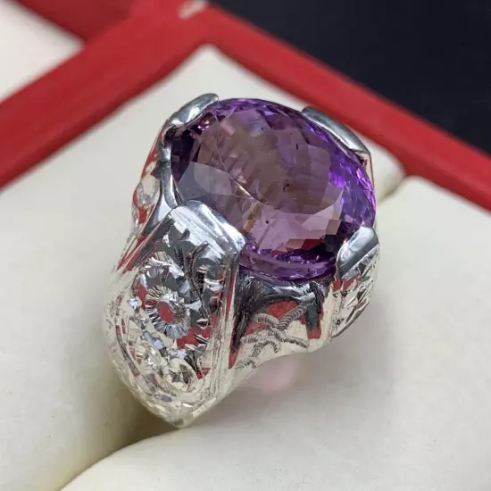 Natural Amethyst Ring, Man Amethyst Purple Gemstone Ring, 925 Sterling Silver