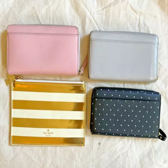 LOT 4 VINTAGE KATE SPADE ZIPPER WALLETS CLUTCH PINK GREY BLACK GOLD STRIPES