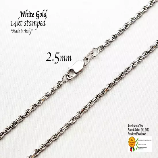 14k Solid White Gold Rope Chain Necklace D/cut 1mm-5mm Mens' Women Sz 16"-30"