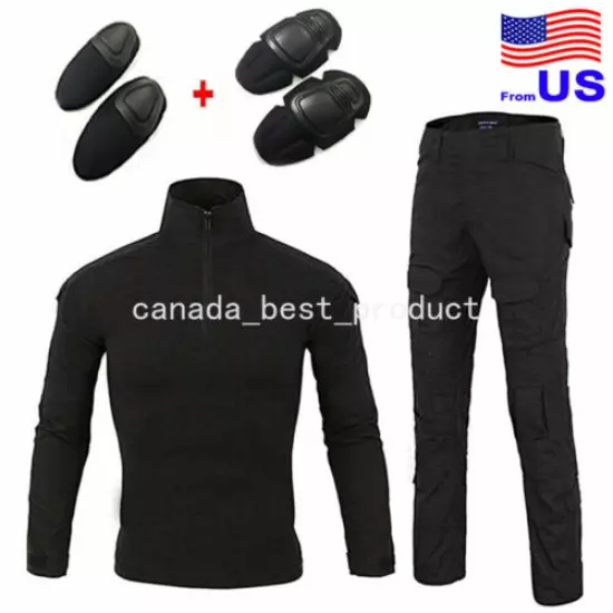 Men Tactical Hunting Military Long Sleeve Shirt/Pants w/ Elbow/Knee Pads BK USA