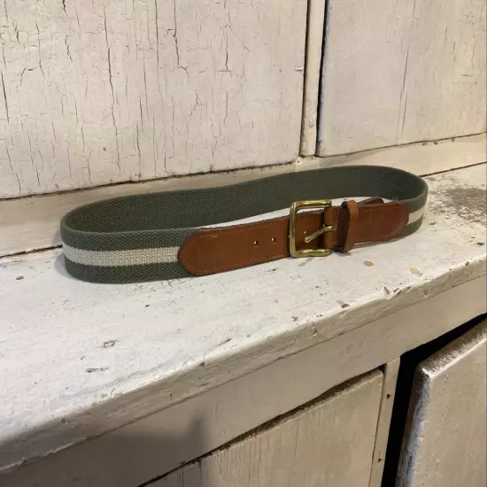 Men’s Leather and Canvas Belt size 36 Green and White Stripe Style