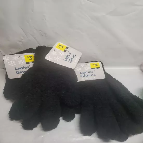 3 pair Women's Soft Knit Winter Gloves - black, Adult One Size