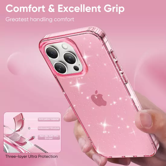 For iPhone 16 Pro Max 15 14 13 12 11 Slim Glitter Transparent Clear Phone Case