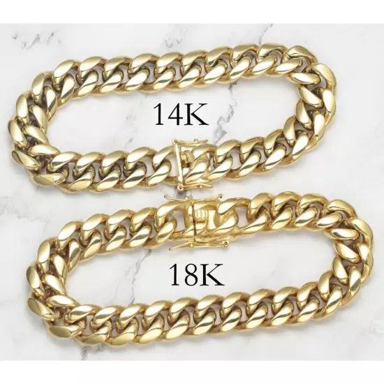 Men's Solid Miami Cuban Link Bracelet Chain 14K 18K Gold Plated Stainless Steel