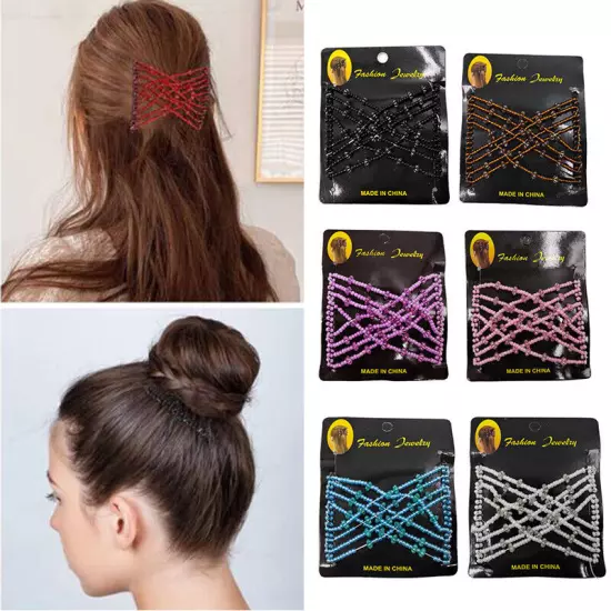 Womens Magic Slide Hair Elastic Double Beads Easy Stretchy Hair Comb Clips Pins│