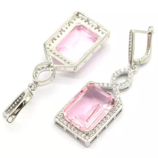 Romantic Created Rectangle Pink Kunzite White CZ Daily Wear Silver Earrings