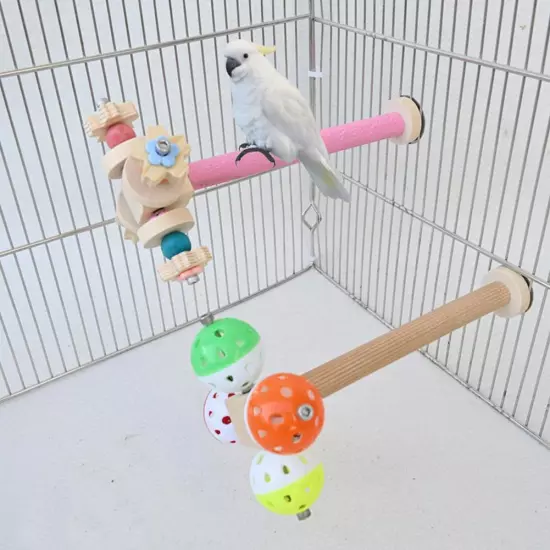 Wooden Biting Station Pole with Rotating Ball Small Bird Toy for Parakeet D1P0