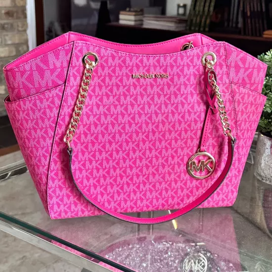 Michael Kors Jet Set Travel Large Chain Shoulder Tote MK Logo Bag Electric Pink