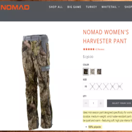 NOMAD WOMEN'S HARVESTER PANT Mossy Oak Break Up Country N6000002 NWT