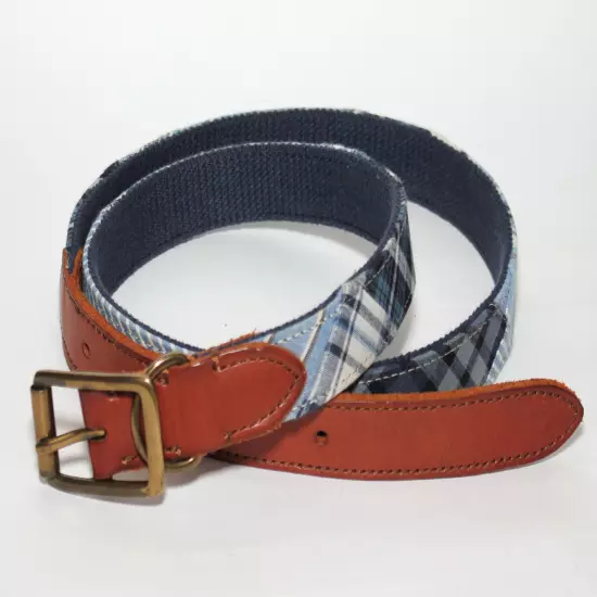 Land's End Blue Webbing/Canvas w/ Tan Leather Tabs Belt - Brass Buckle - Size 38