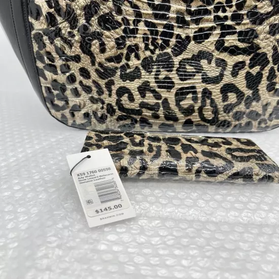 Brahmin Carla Snow Leopard Print Oversized Black Leather Tote w/ Matching Wallet