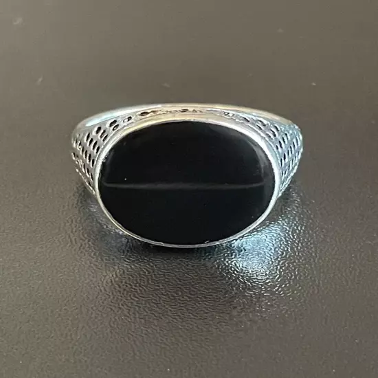 Round Black Obsidian Stone S925 Silver Plated Men Women Statement Ring 