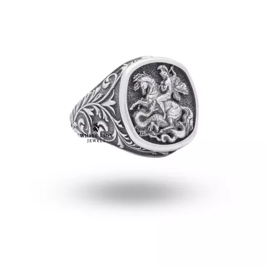 St George of Lydaa Greek Army Mythology Protector Catholic Ring 925 Silver Gift