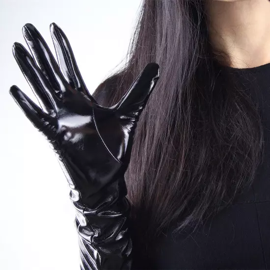 LATEX GLOVES Shine Leather Faux Patent Vegan PU 8" 21cm Short Basic Shine Black