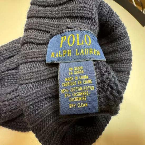 Polo Ralph Lauren cashmere knit blue yellow beanie hat with pompom