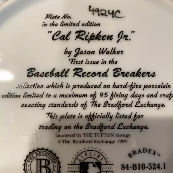 Bradford Exchange 1995 LIMITED EDITION 8 INCH PLATE Cal Ripken Jr.