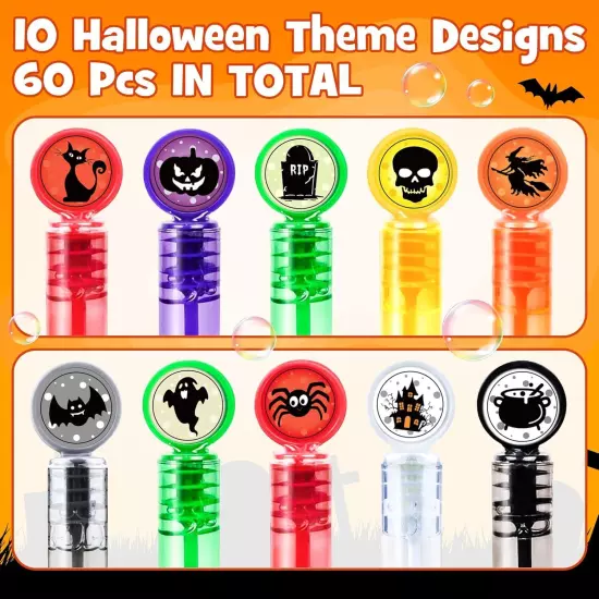 60 Pack Halloween Party Favors for Kids, 10 Styles 8 Colors Mini Bubble... 