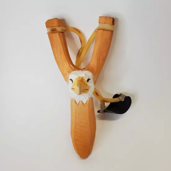 HANDMADE WOOD CARVED HAND PAINTED EAGLES HEAD SLING SHOT