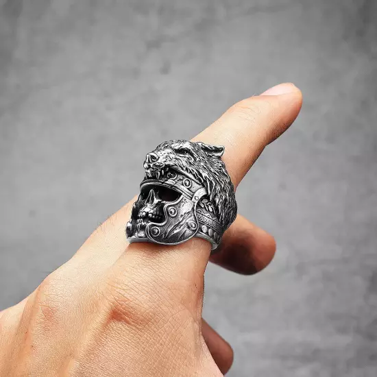 Gladiator Wolf warrior Skull Spartan Helmet Silver Punk Mens Viking Biker Ring