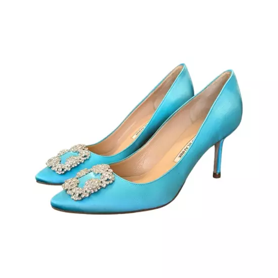 Manolo Blahnik Hangisi Pumps Turquoise Satin Light Blue Crystal Embellished 8.5