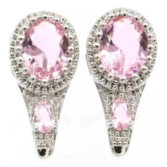 Deluxe Long Big Size Pink Kunzite Cz Women Dating Silver Earrings 