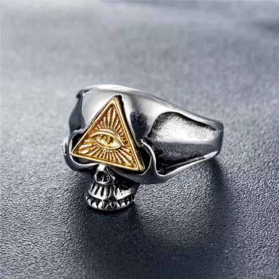 Vintage Masonic God Eye Skull Ring Men's Stainless Steel Gold Eye Skull Jewelry